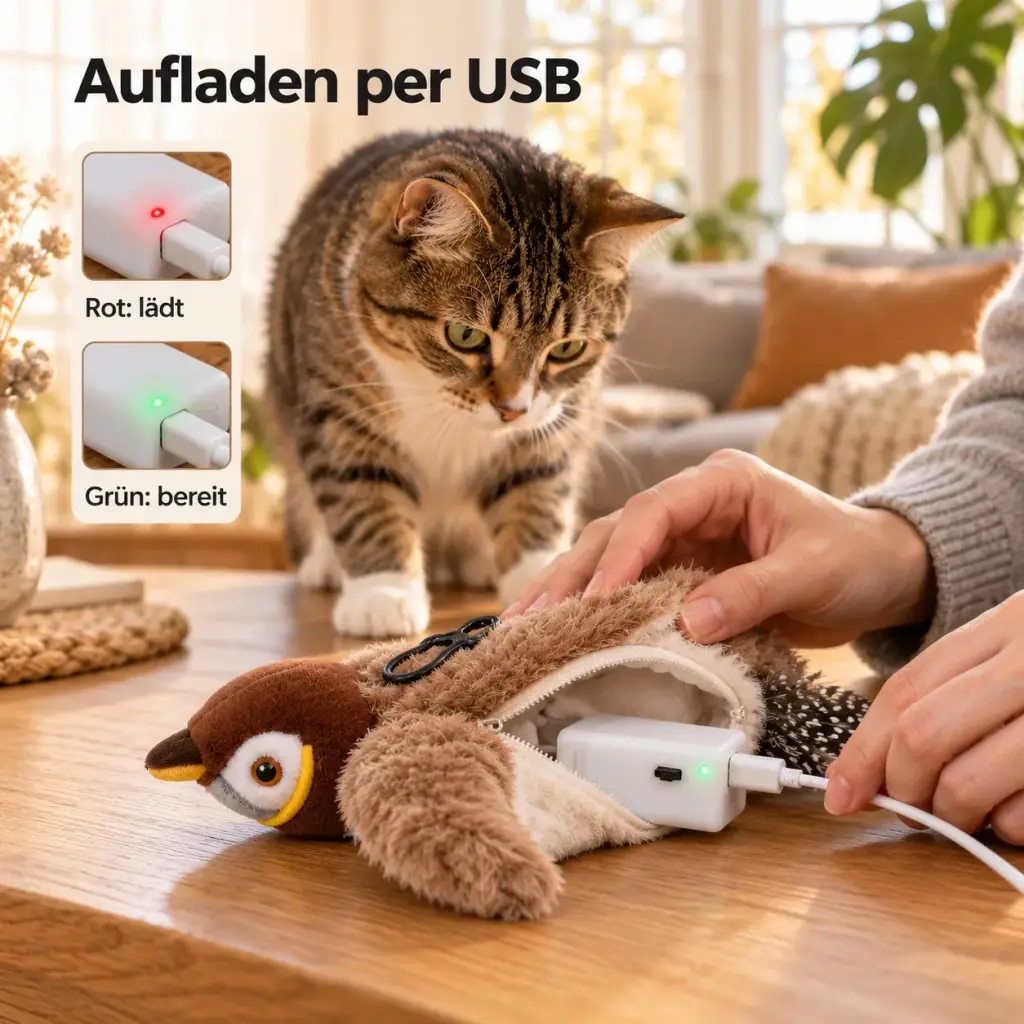 Elektronikmodul des Spatzen wird per USB-Kabel geladen