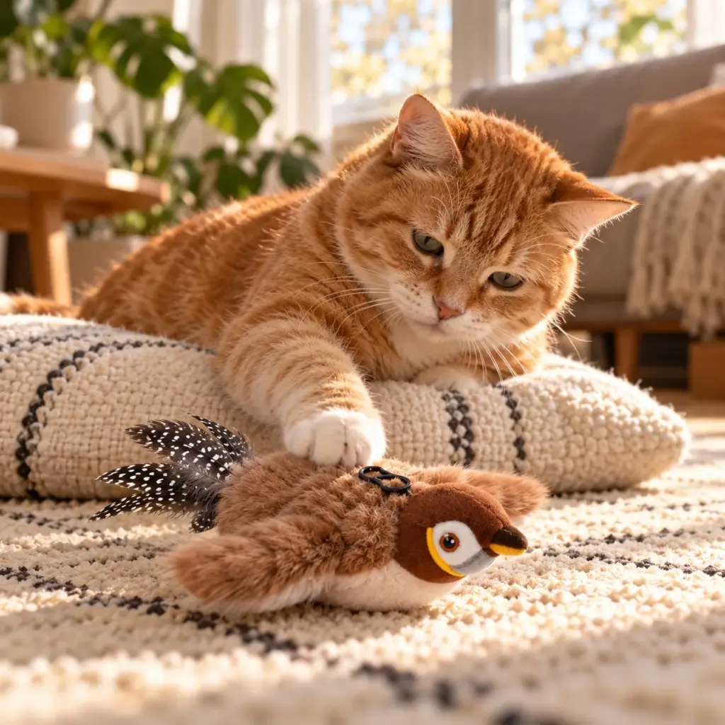Ältere Katze tippt vorsichtig den Spatz an