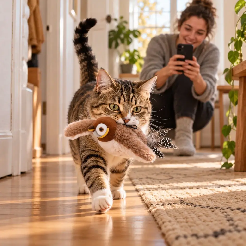 Katze trägt den Spatz stolz im Maul durch den Flur