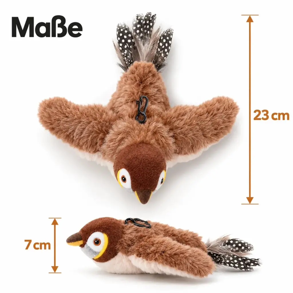 Maße des Plüsch-Spatzen: 23 cm lang, 7 cm hoch