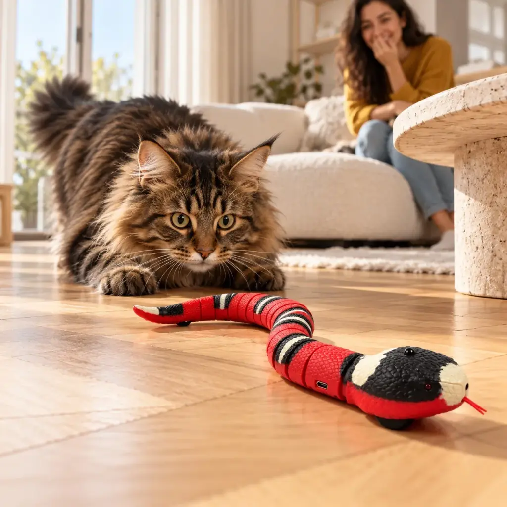 Maine-Coon-Kater lauert auf die schlängelnde Spielzeugschlange