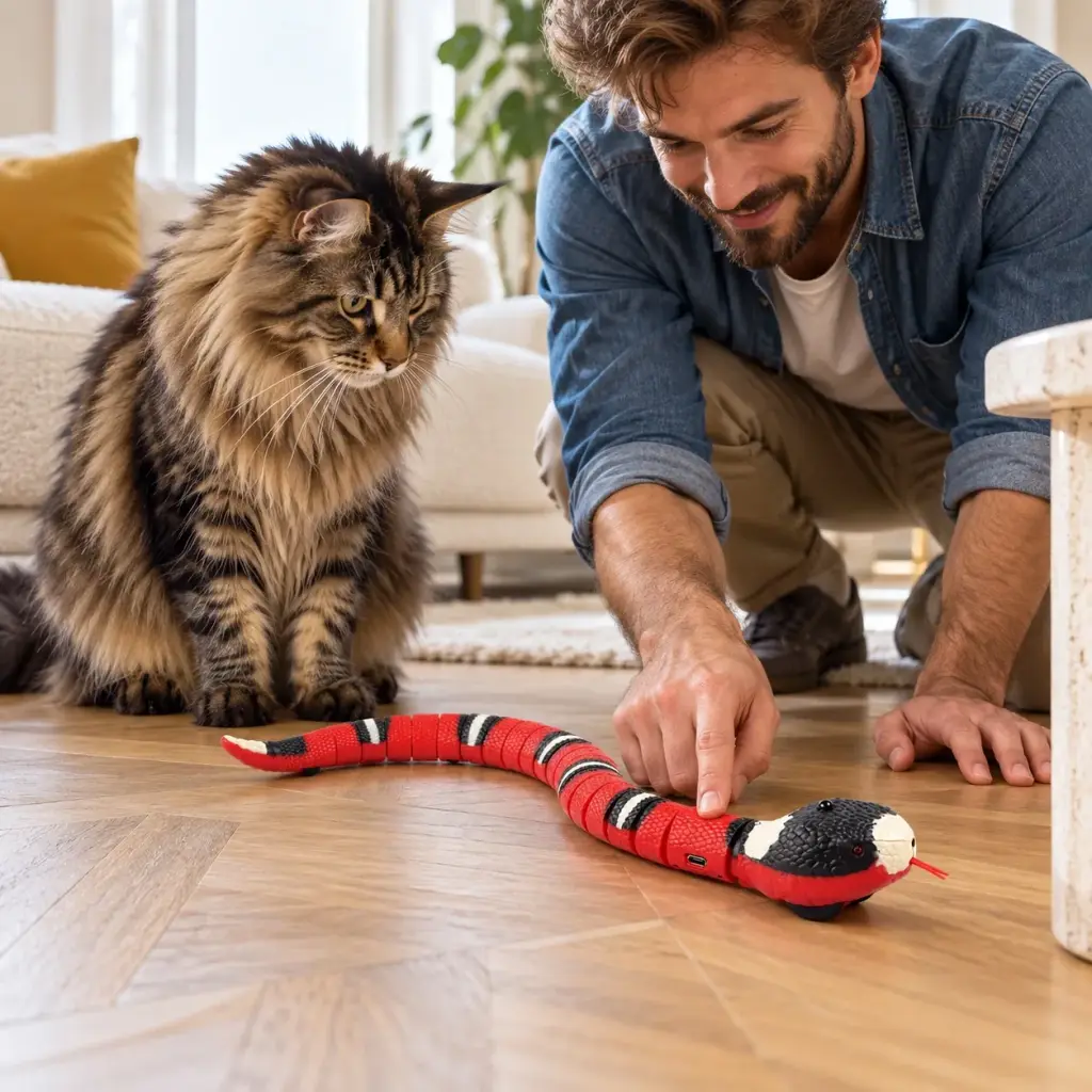 Mann schaltet die Schlange ein, sein Kater schaut neugierig zu
