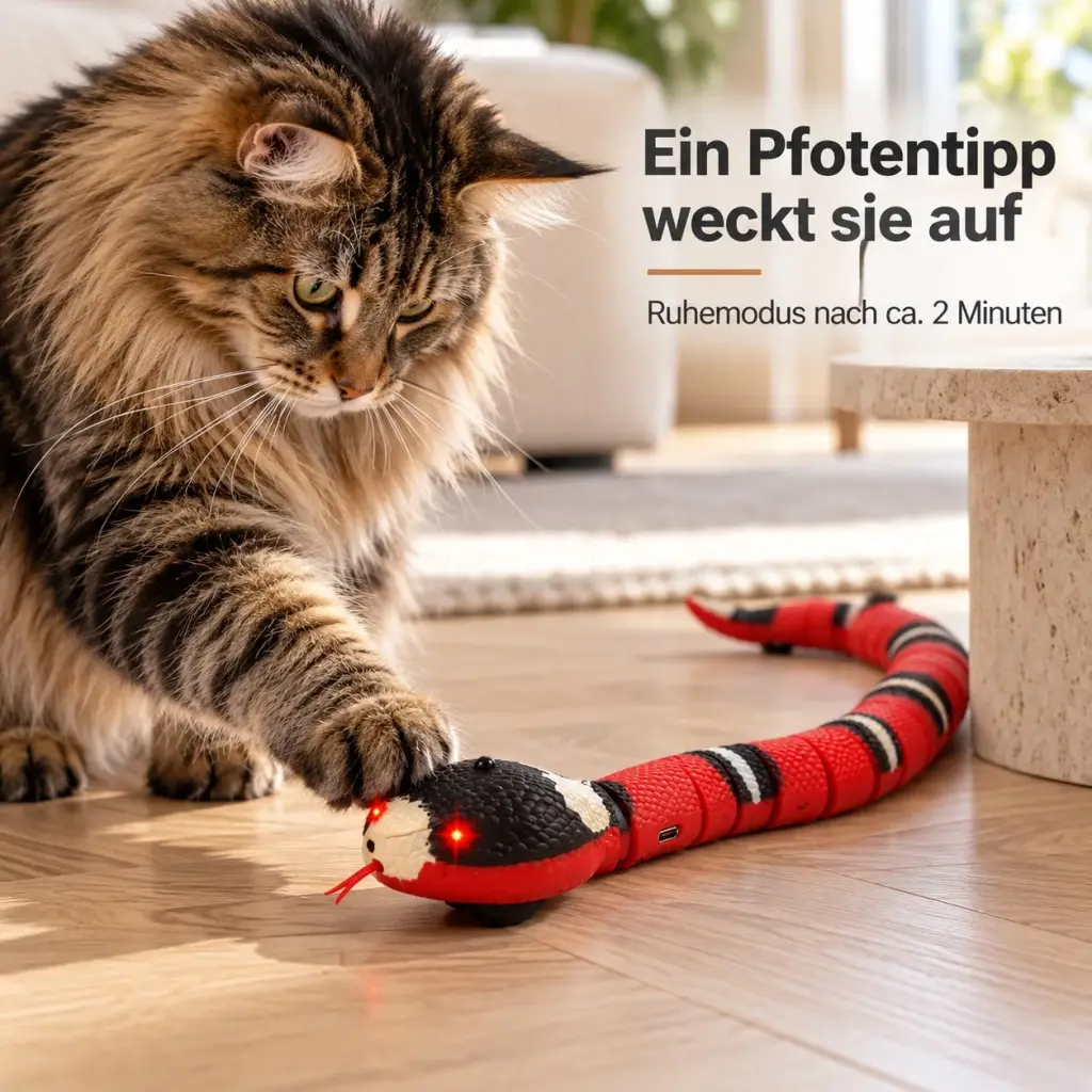 Katze tippt die ruhende Schlange an, sie erwacht