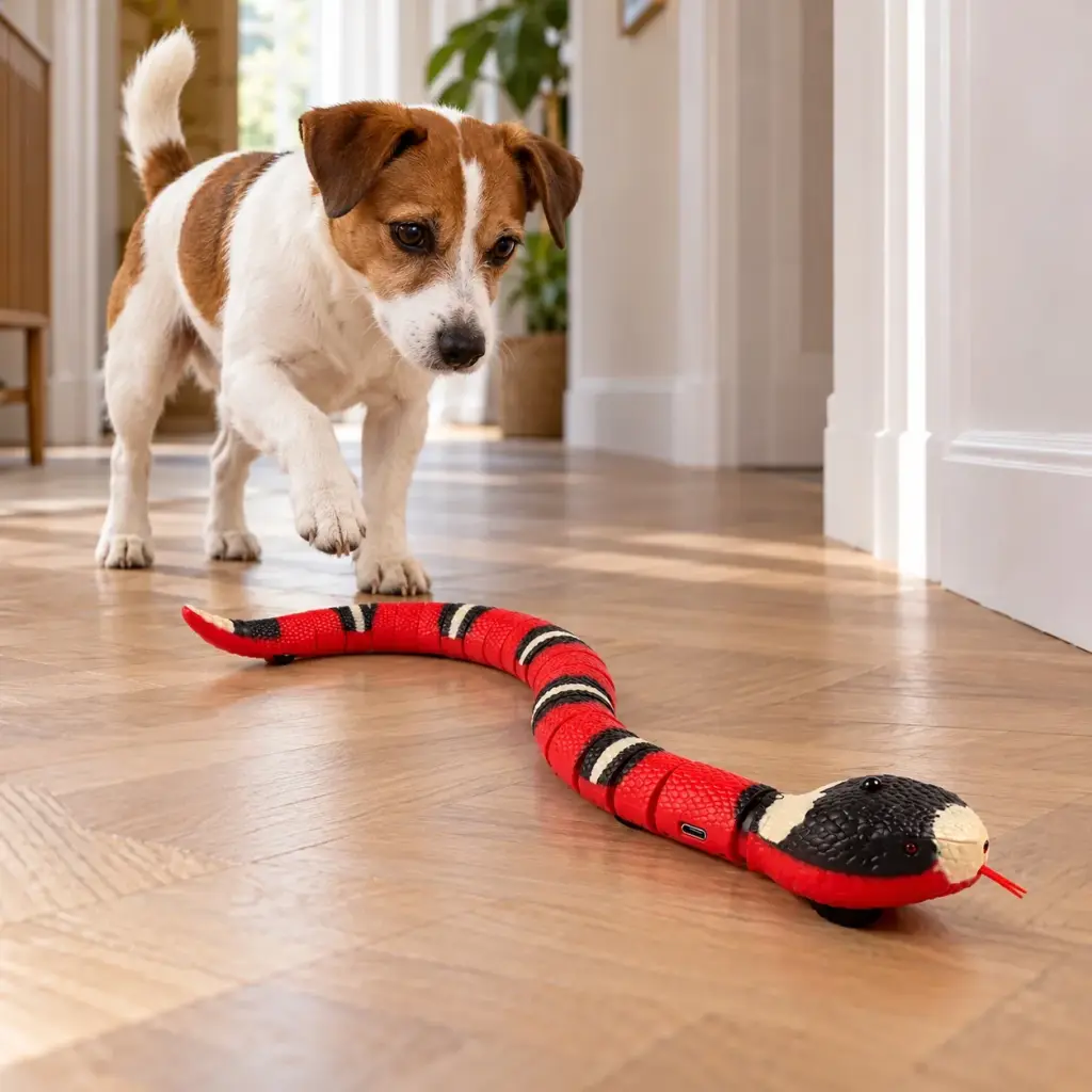 Jack Russell Terrier verfolgt die Schlange im Flur