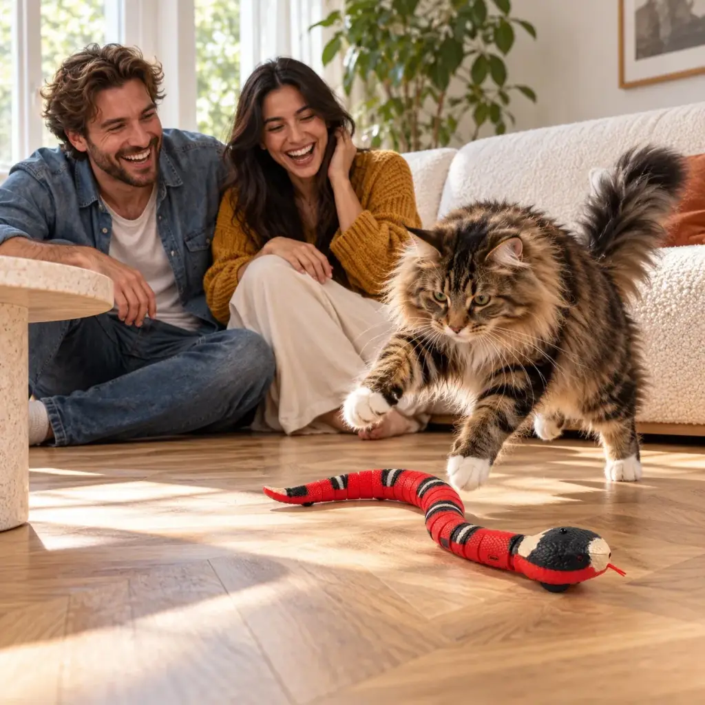 Paar lacht auf dem Sofa, während der Kater die Schlange jagt