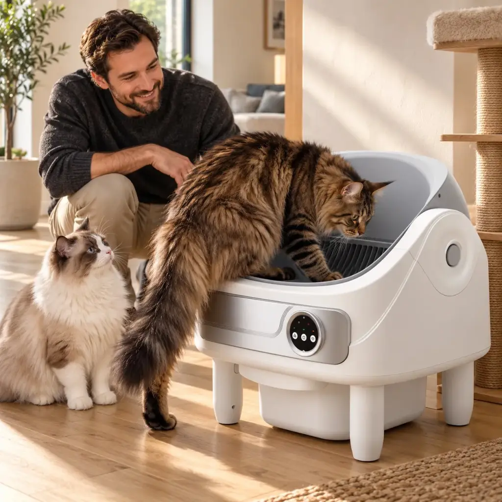 Maine Coon steigt in die offene selbstreinigende Katzentoilette, Ragdoll wartet daneben