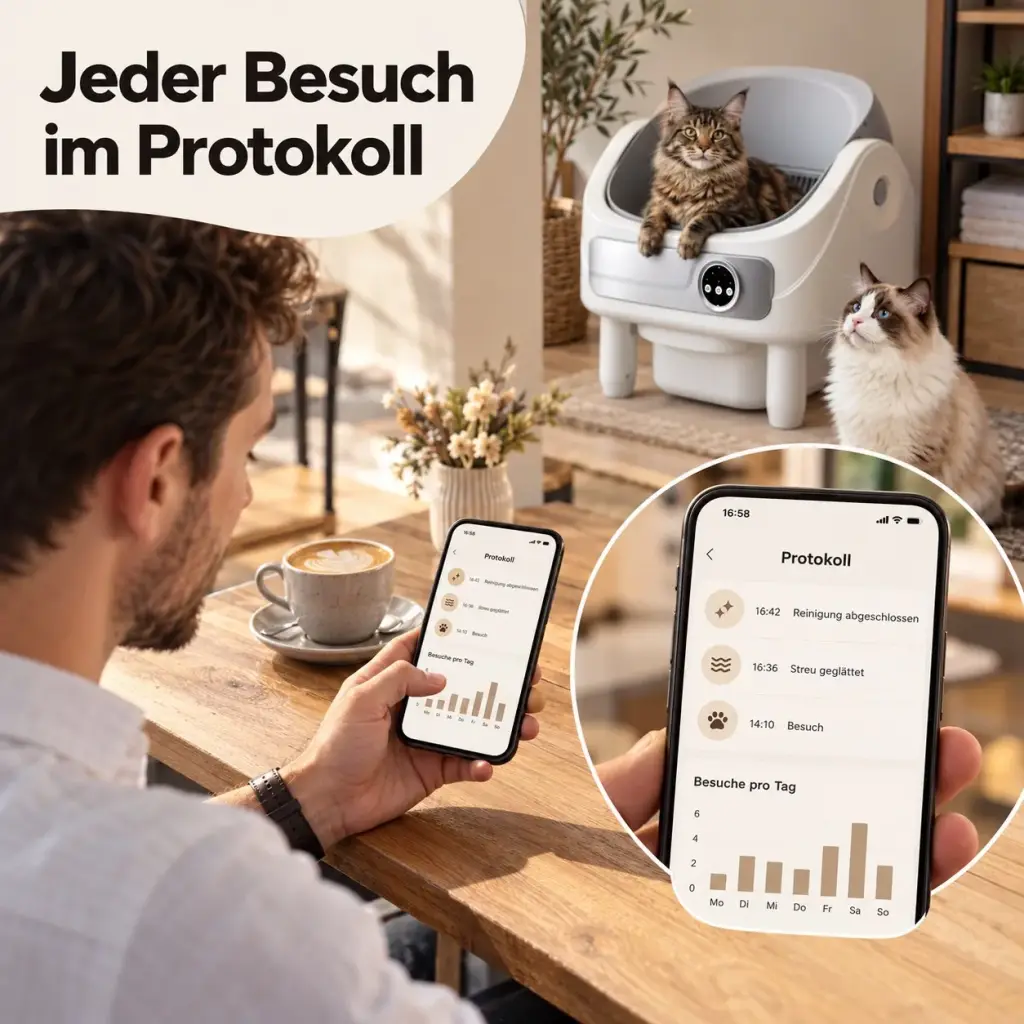 Mann sieht im App-Protokoll die Reinigungen der Katzentoilette
