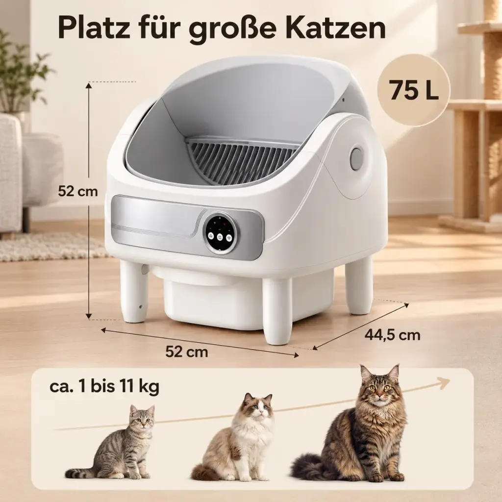 Maße der selbstreinigenden Katzentoilette: ca. 52 × 44,5 × 52 cm, 75 L