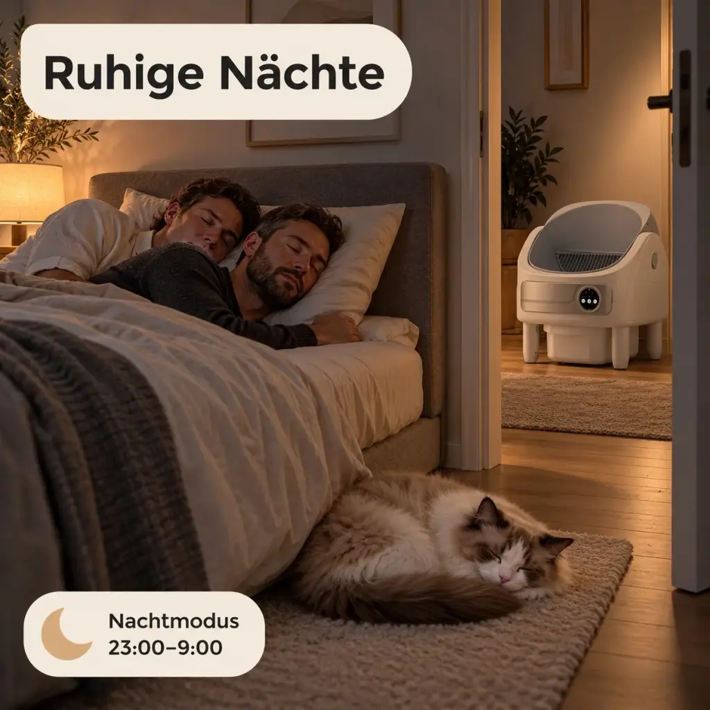 Schlafzimmer bei Nacht, Ragdoll schläft auf dem Teppich, Katzentoilette im Nachtmodus