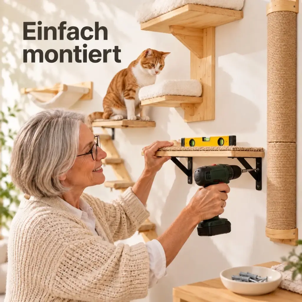 Montage eines Wandregals mit schwarzen Metallwinkeln an der Wohnzimmerwand