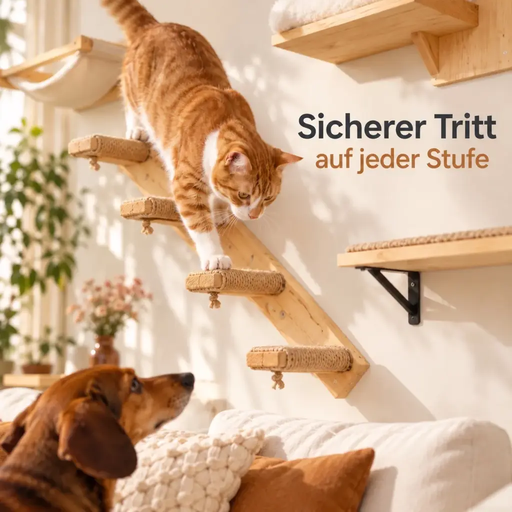 Kater setzt seine Pfoten sicher auf die sisalumwickelten Stufen der Katzentreppe
