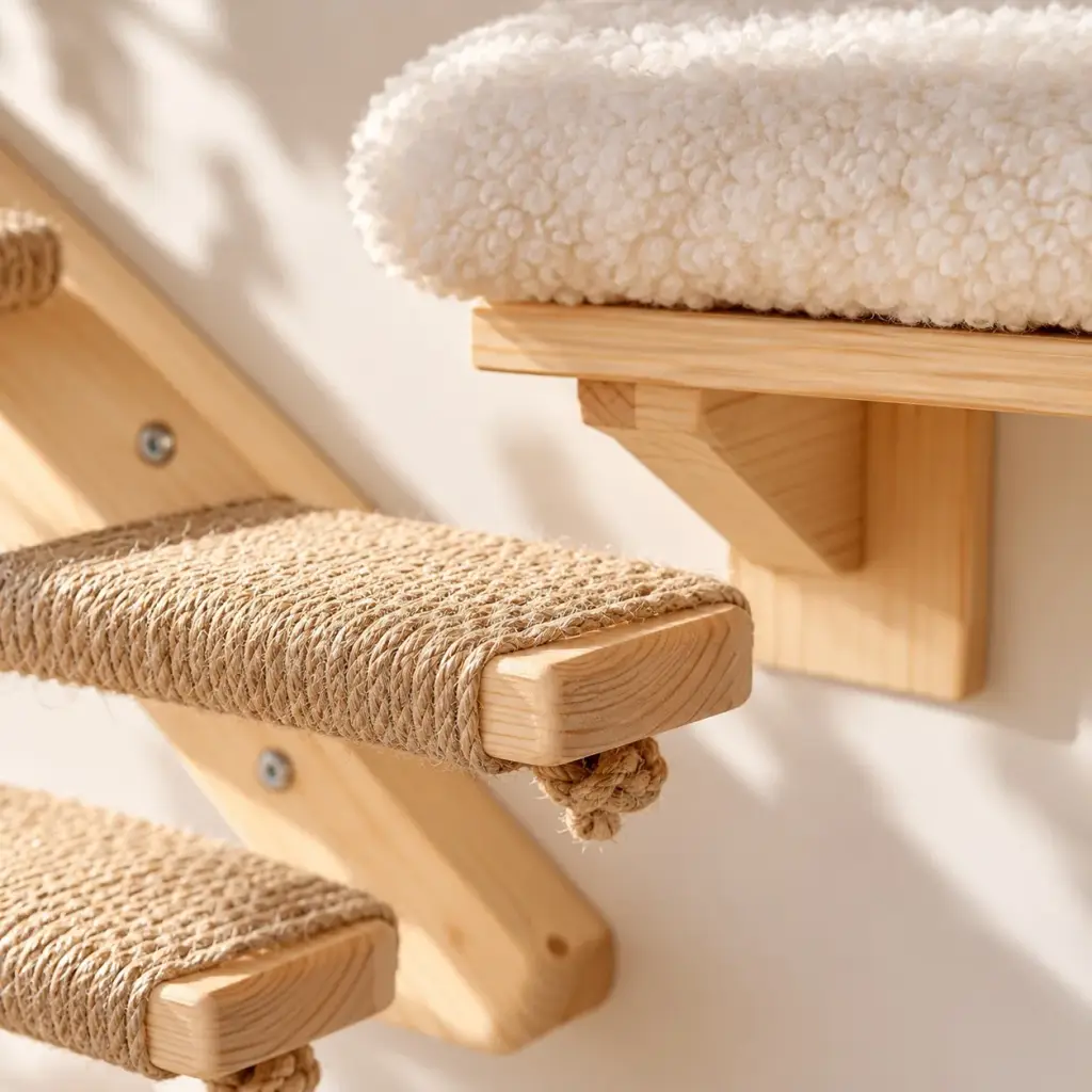 Nahaufnahme einer mit Sisal umwickelten Holzstufe und des Sherpa-Polsters
