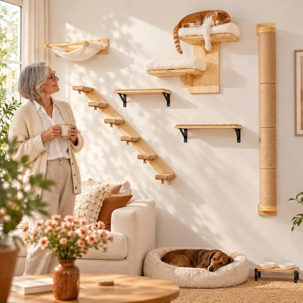 Kater schläft auf dem Sherpa-Liegeplatz an der Wand, unten ruht ein Dackel auf seinem Kissen
