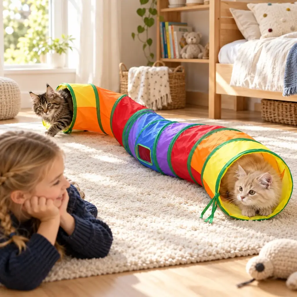 Zwei Kitten spielen im Katzentunnel im Kinderzimmer
