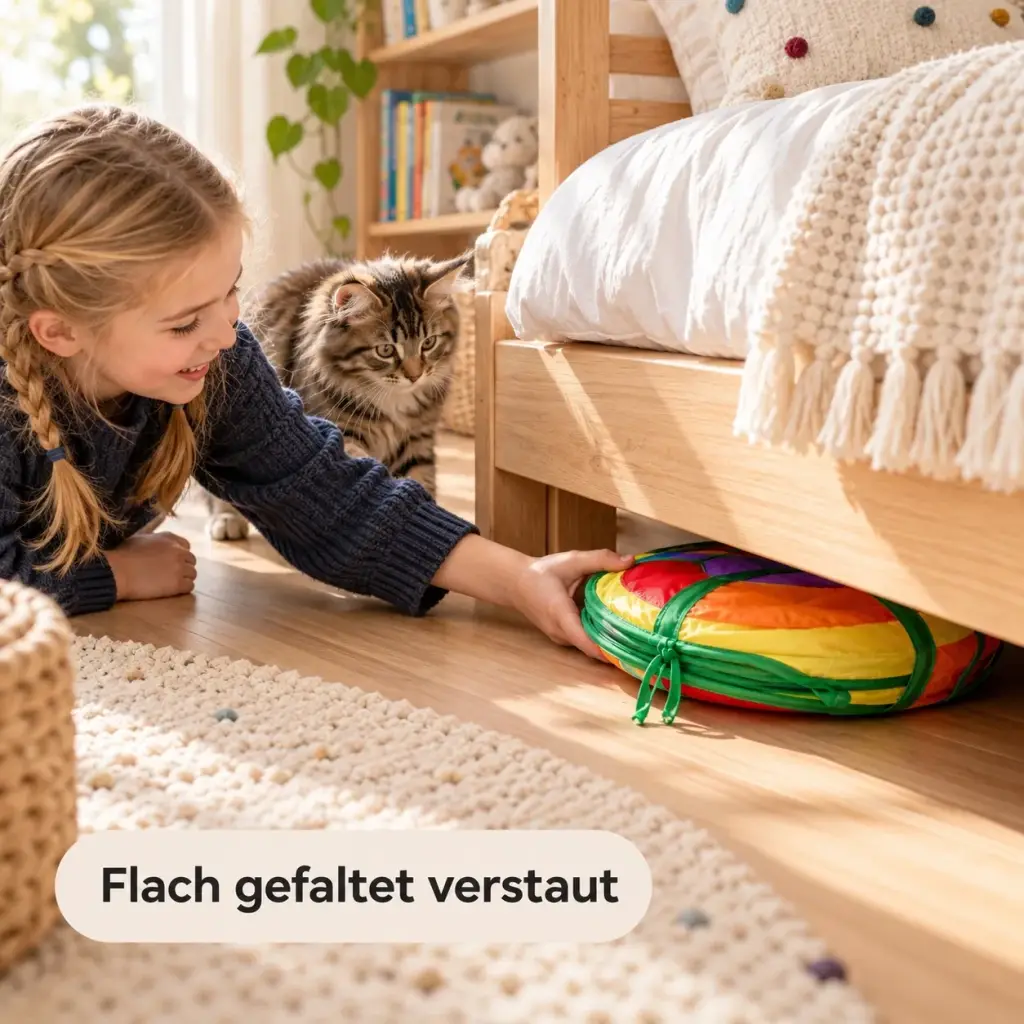 Flach gefalteter Katzentunnel wird unter dem Bett verstaut