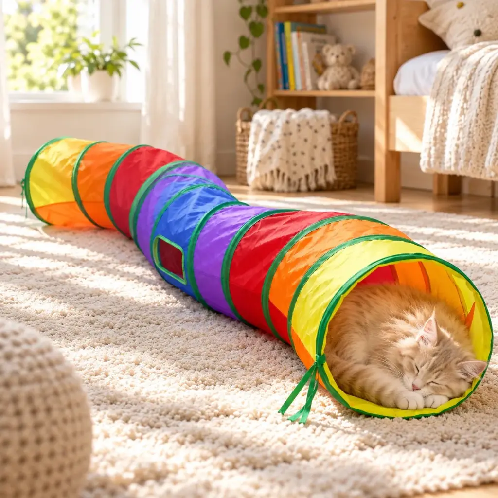 Katze schläft zusammengerollt im Tunneleingang