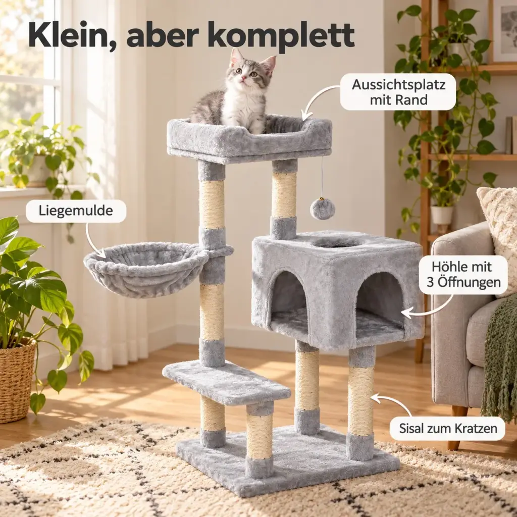 Details des kleinen Kratzbaums: Sisalstämme, Höhle, Liegemulde und Kippschutz