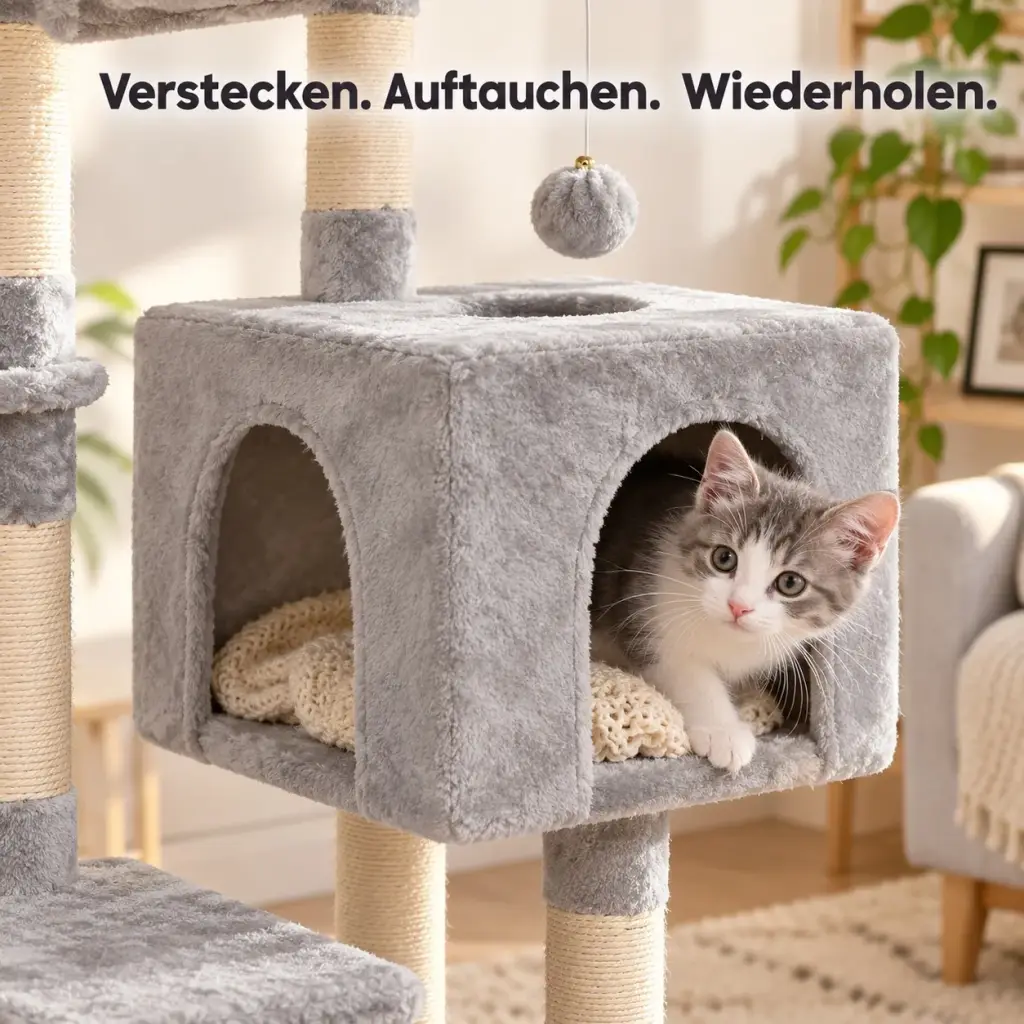 Kätzchen schaut aus der Höhle des Kratzbaums mit drei Öffnungen