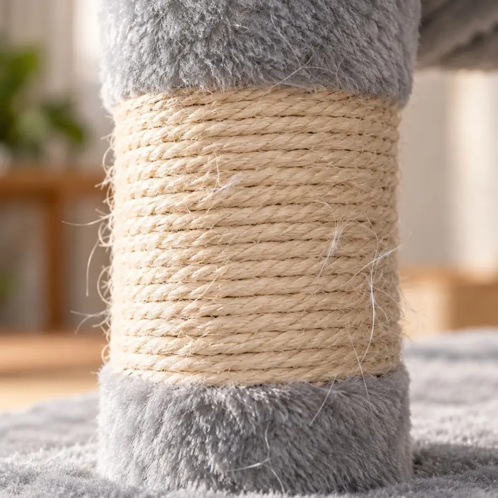 Nahaufnahme von Sisal und hellgrauem Plüsch des kleinen Kratzbaums
