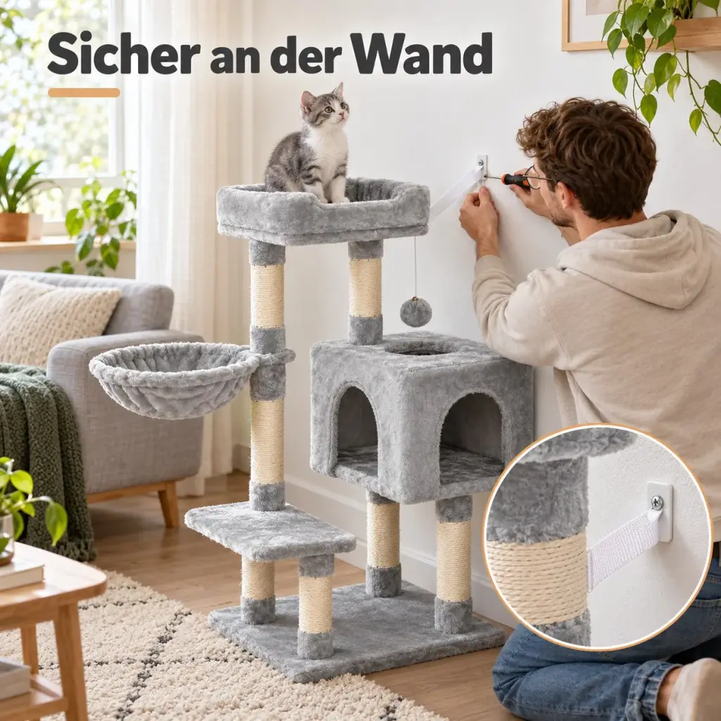 Junger Mann befestigt den Kippschutz des Kratzbaums an der Wand
