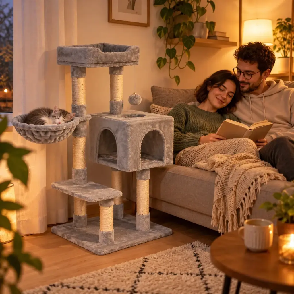 Kätzchen schläft abends in der runden Liegemulde neben dem Sofa