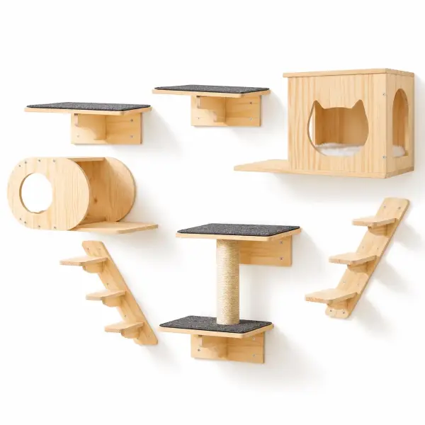 Kletterwand Katze – 7-teiliges Set aus Kiefernholz mit Katzenhaus, Kletterröhre und Kratzsäule