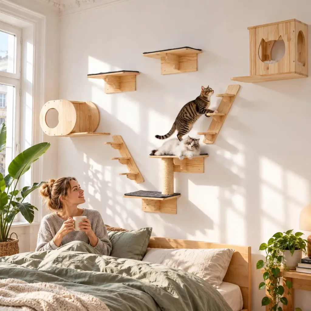 Getigerter Kater klettert morgens die Holztreppe der Kletterwand hinauf, seine Besitzerin schaut vom Bett aus zu
