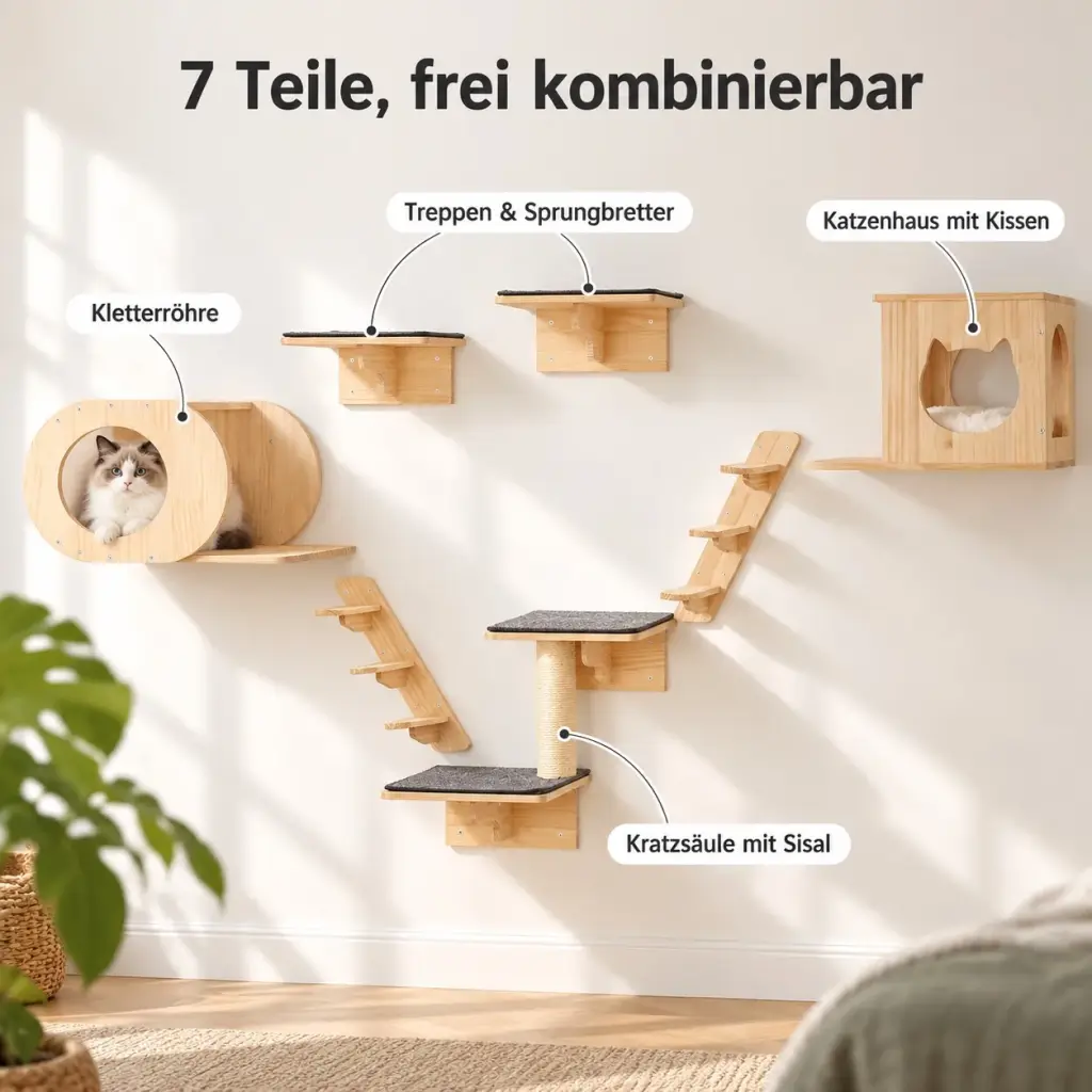 Übersicht der sieben Elemente der Kletterwand für Katzen mit Beschriftung
