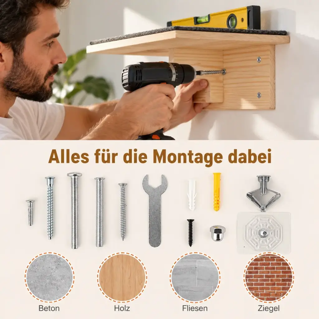 Montagematerial der Kletterwand: Schrauben, Spreizdübel, Hohlraumdübel und Steckschlüssel