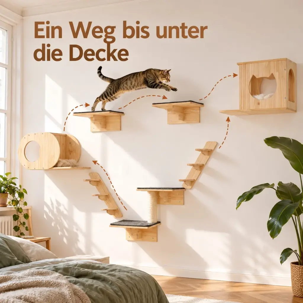 Katze läuft über die Sprungbretter und Treppen der Kletterwand im Wohnzimmer