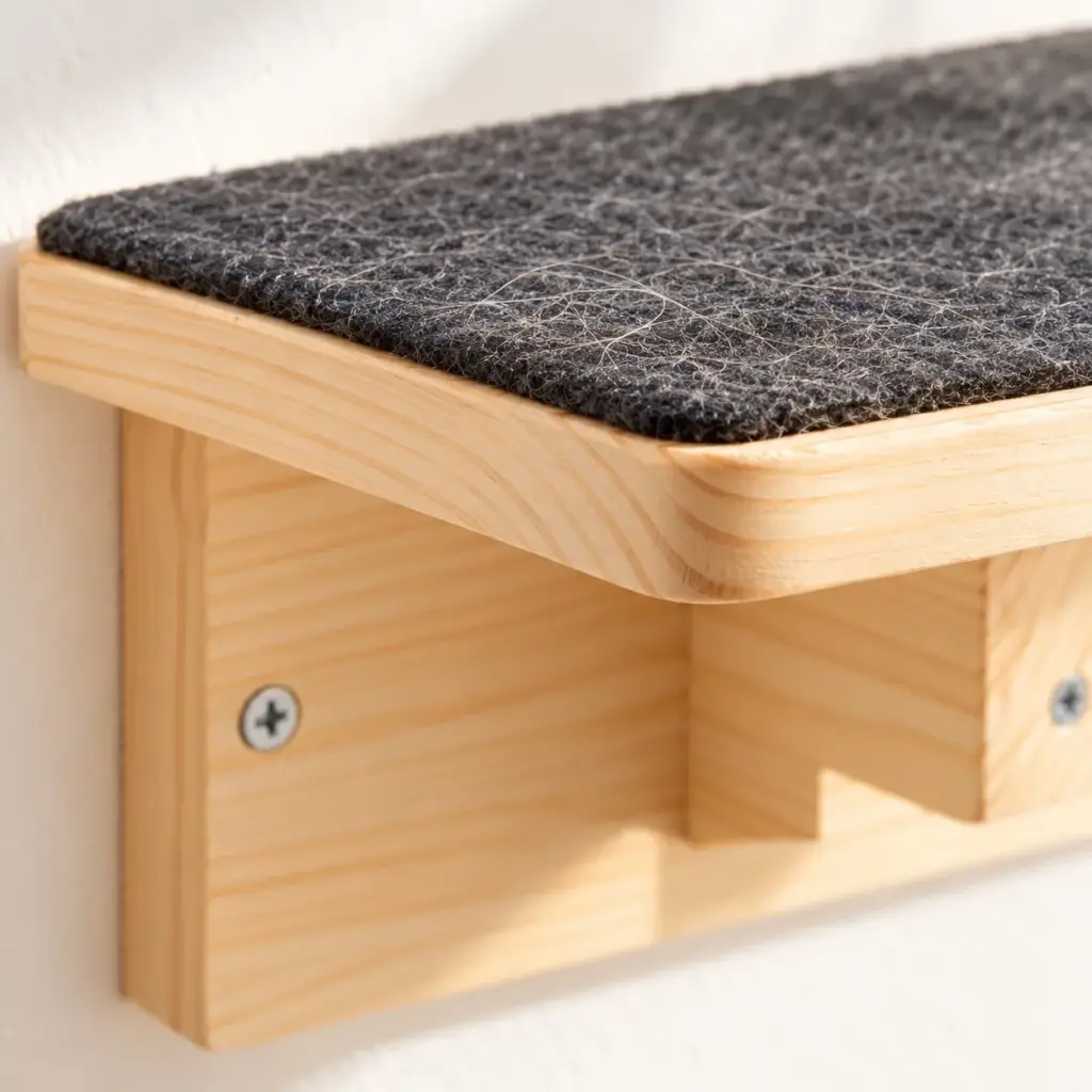 Nahaufnahme der Holzmaserung und der grauen Filzauflage eines Sprungbretts