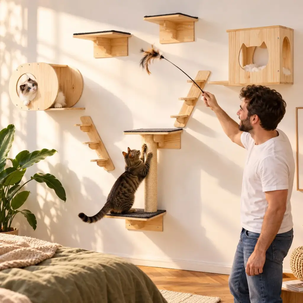Zwei Katzen spielen in der Kletterröhre und auf der Kratzsäule, ihr Besitzer lacht