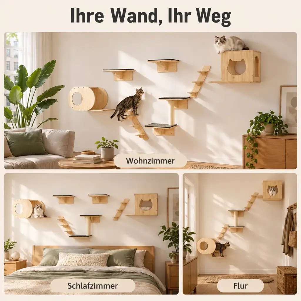 Drei Beispiel-Anordnungen der Kletterwand für Katzen: Wohnzimmer, Schlafzimmer und Flur