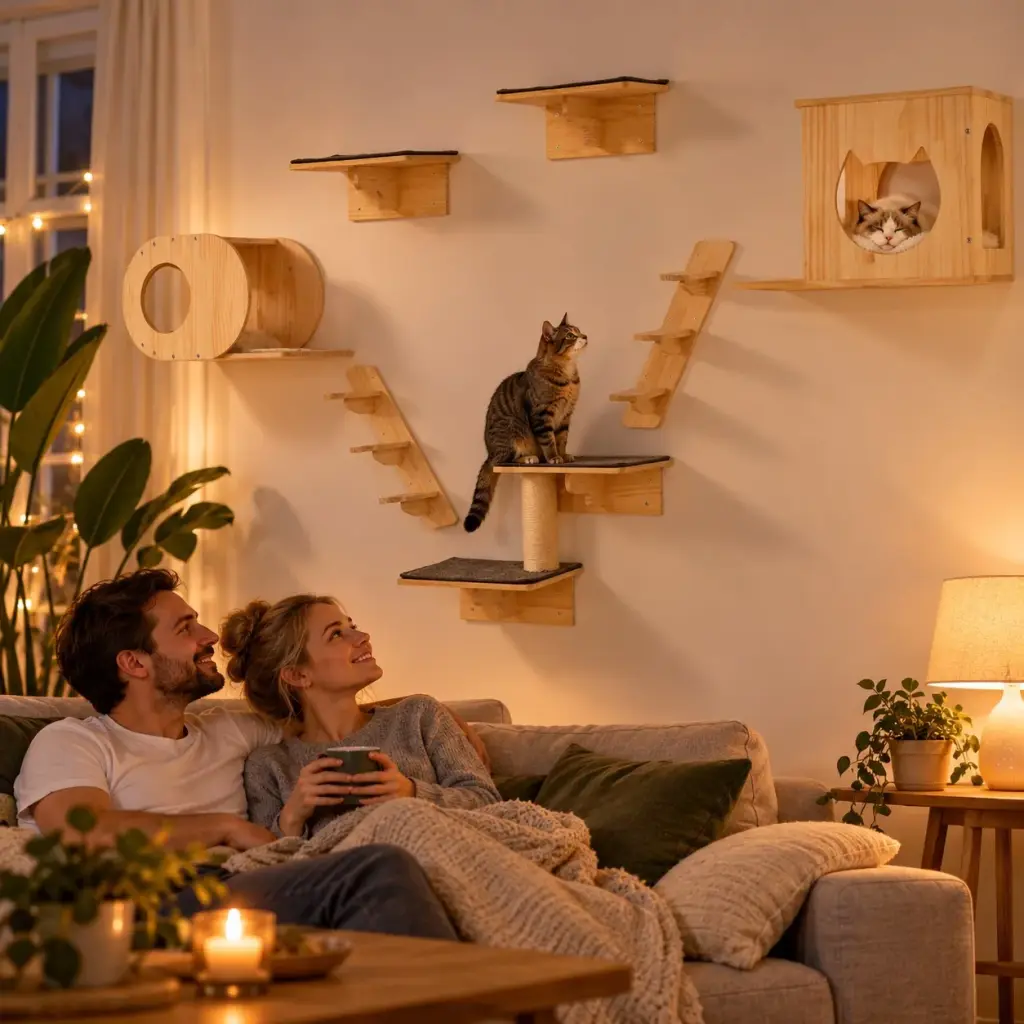 Ragdoll-Katze schläft abends im Katzenhaus an der Wand, das Paar entspannt auf dem Sofa darunter