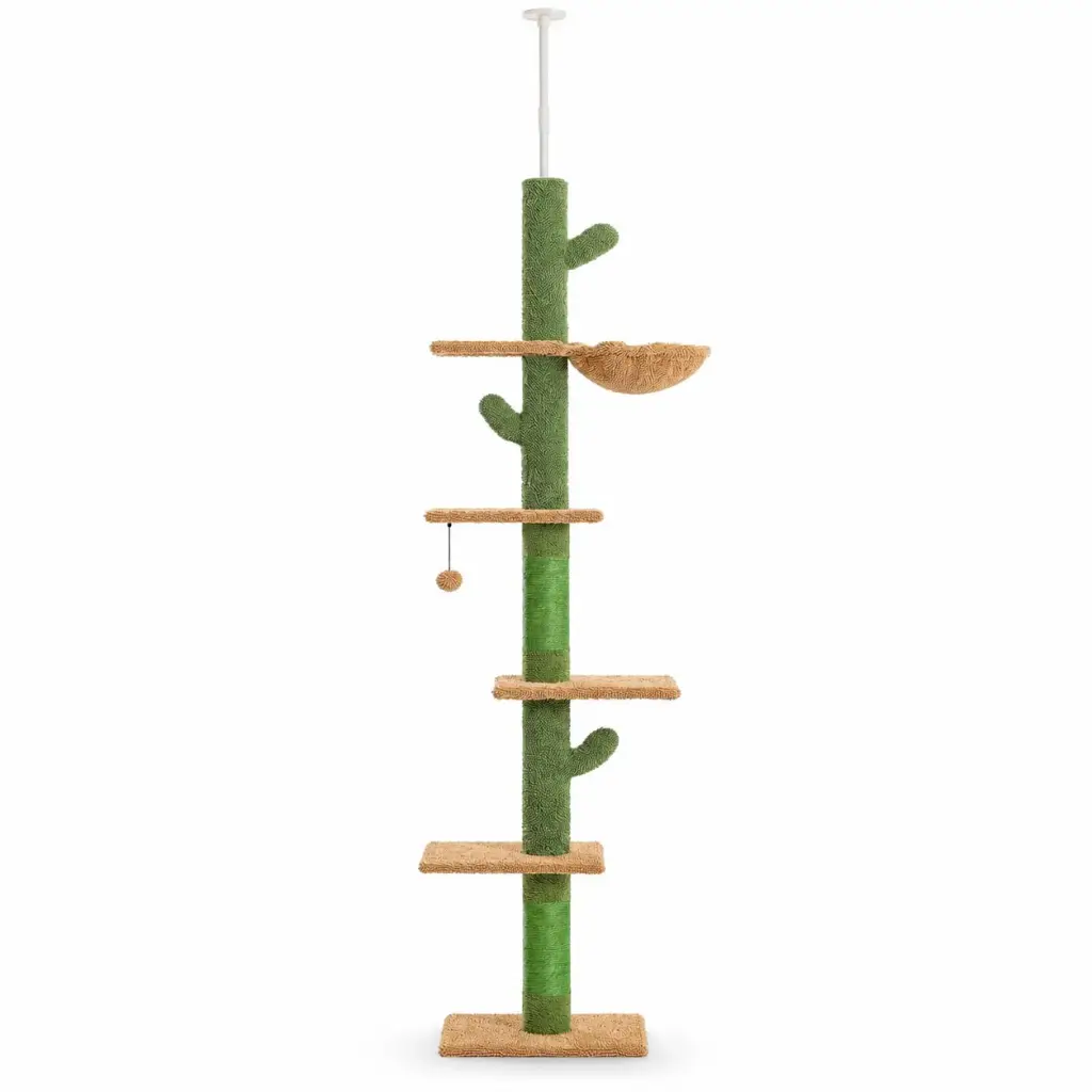 Deckenhoher Kratzbaum im Kaktus-Design mit Deckenspanner, Liegekorb und fünf Ebenen auf weißem Hintergrund