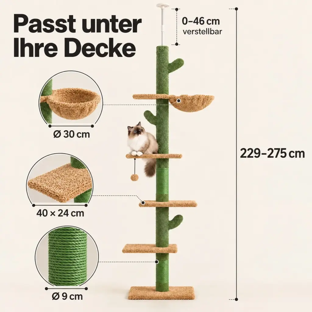 Maße des Kratzbaums mit Deckenspanner: 229–275 cm, Plattformen 40 × 24 cm, Korb Ø 30 cm