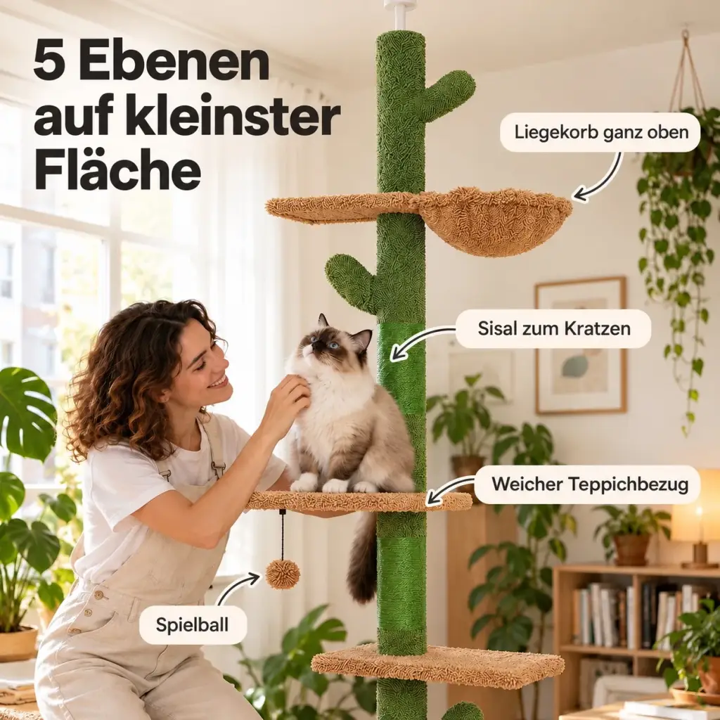 Details des Kaktus-Kratzbaums: Liegekorb, Plattformen, Sisal und Spielbälle