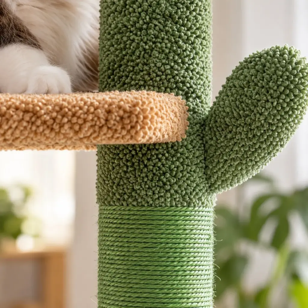 Nahaufnahme von grünem Sisal, Kaktus-Arm und braunem Teppichbezug