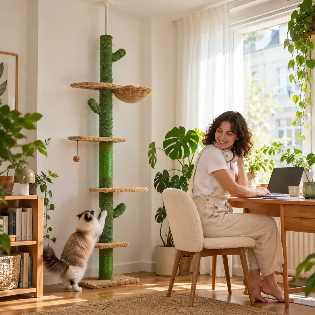 Katze kratzt am Stamm des Kaktus-Kratzbaums, im Hintergrund ein Homeoffice-Schreibtisch