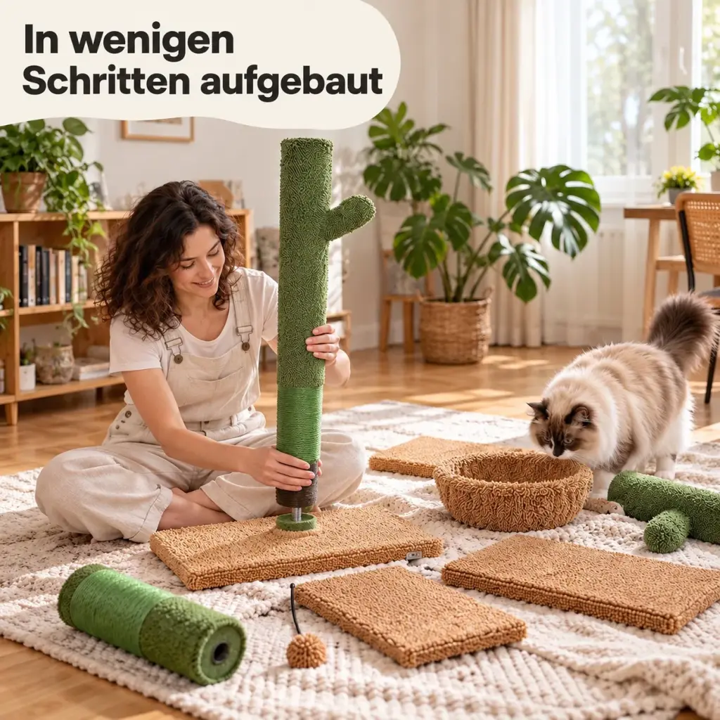 Frau baut den Kaktus-Kratzbaum im Wohnzimmer auf