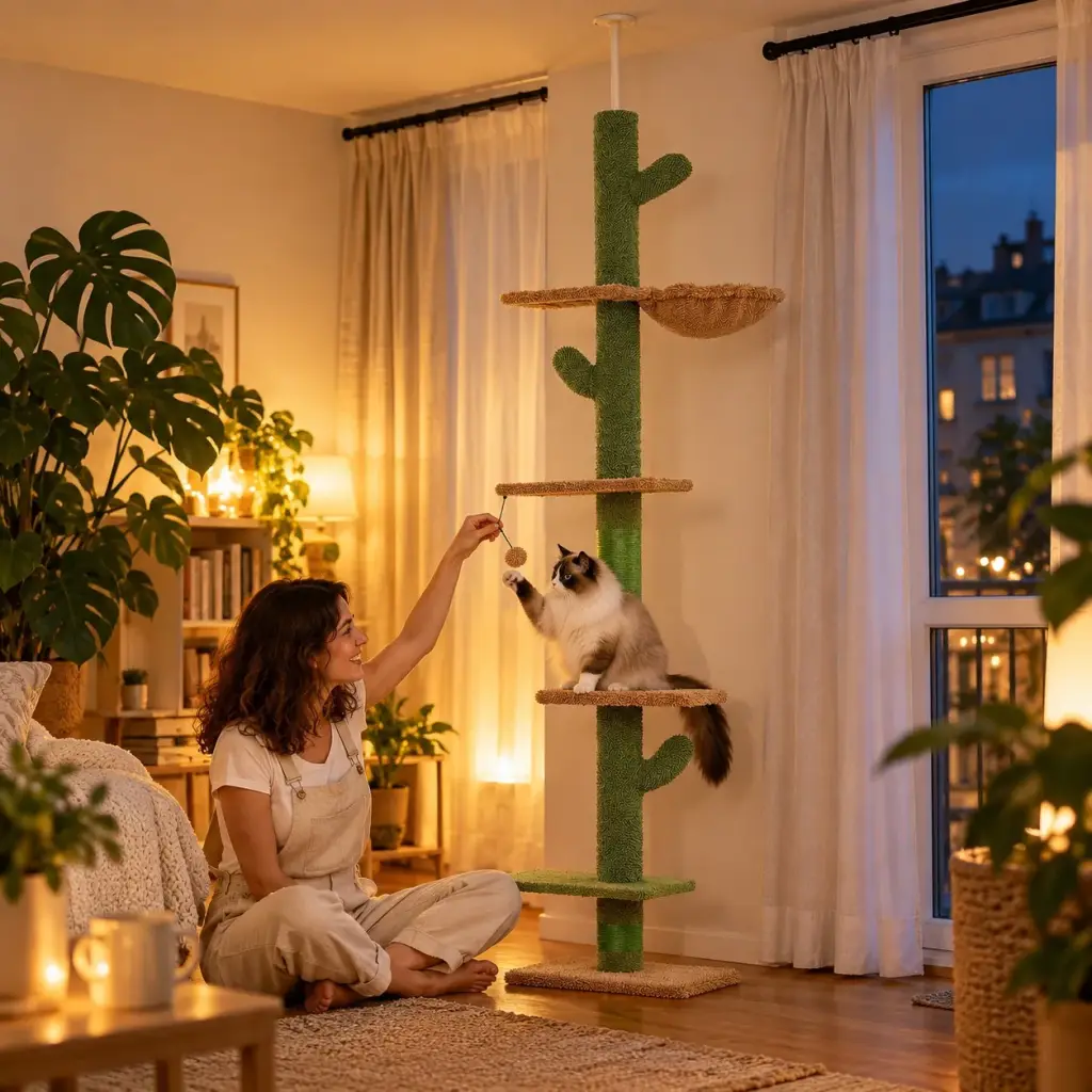Frau spielt abends mit ihrer Ragdoll am Kaktus-Kratzbaum