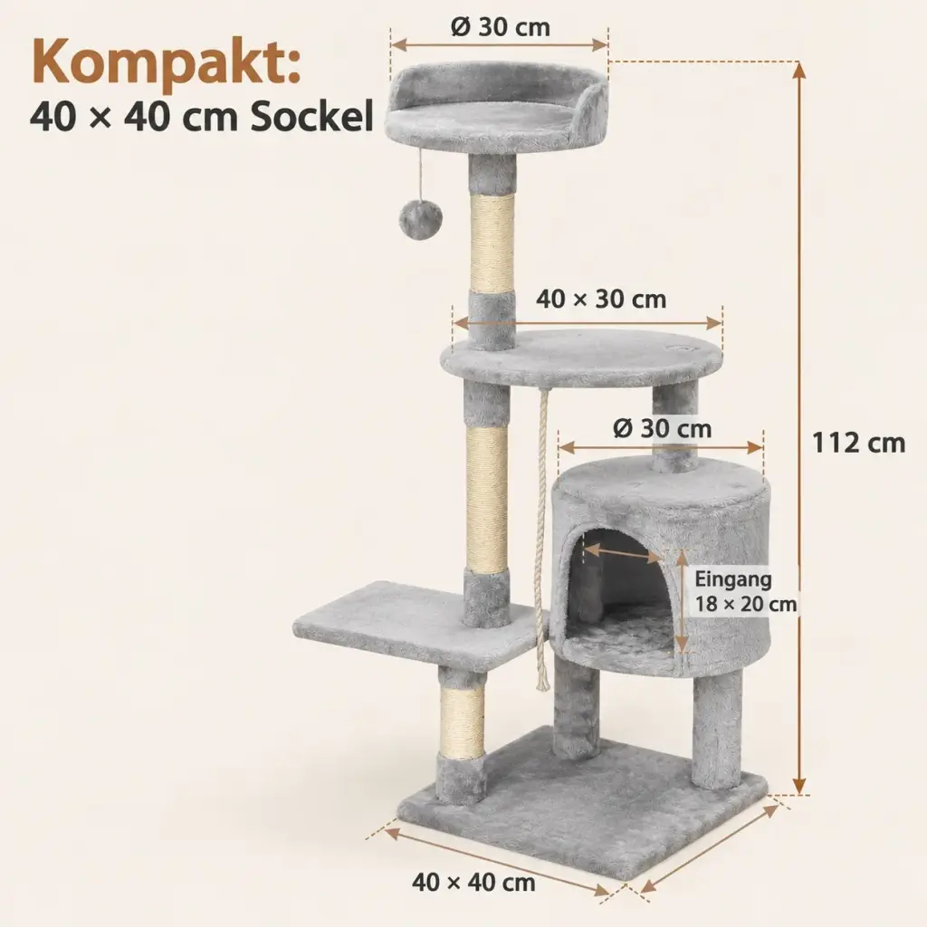 Maße des Kratzbaums: 112 cm Höhe, Sockel 40 × 40 cm, Höhle Ø 30 cm