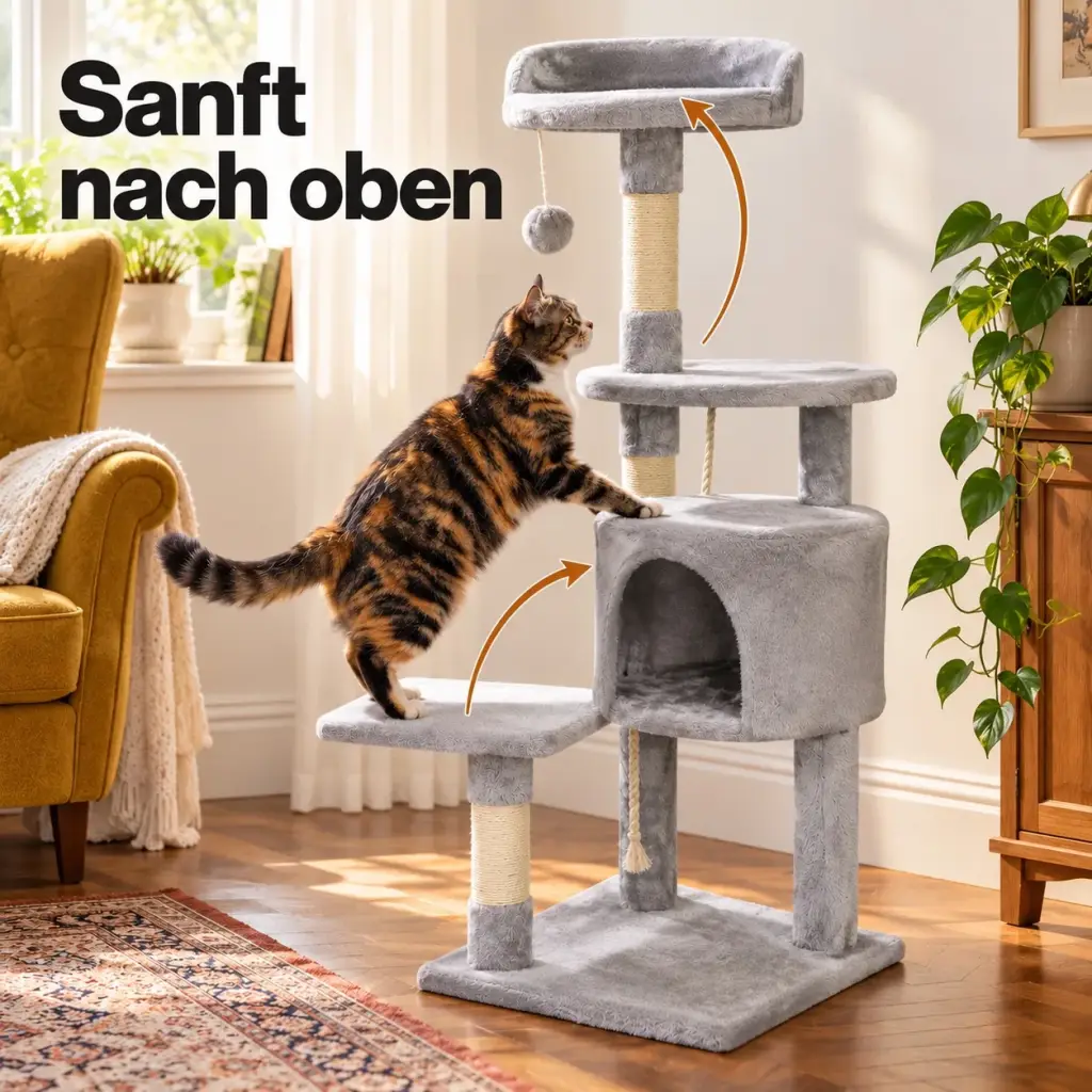 Ältere Katze steigt mühelos von der Stufe auf die Plattform des Kratzbaums