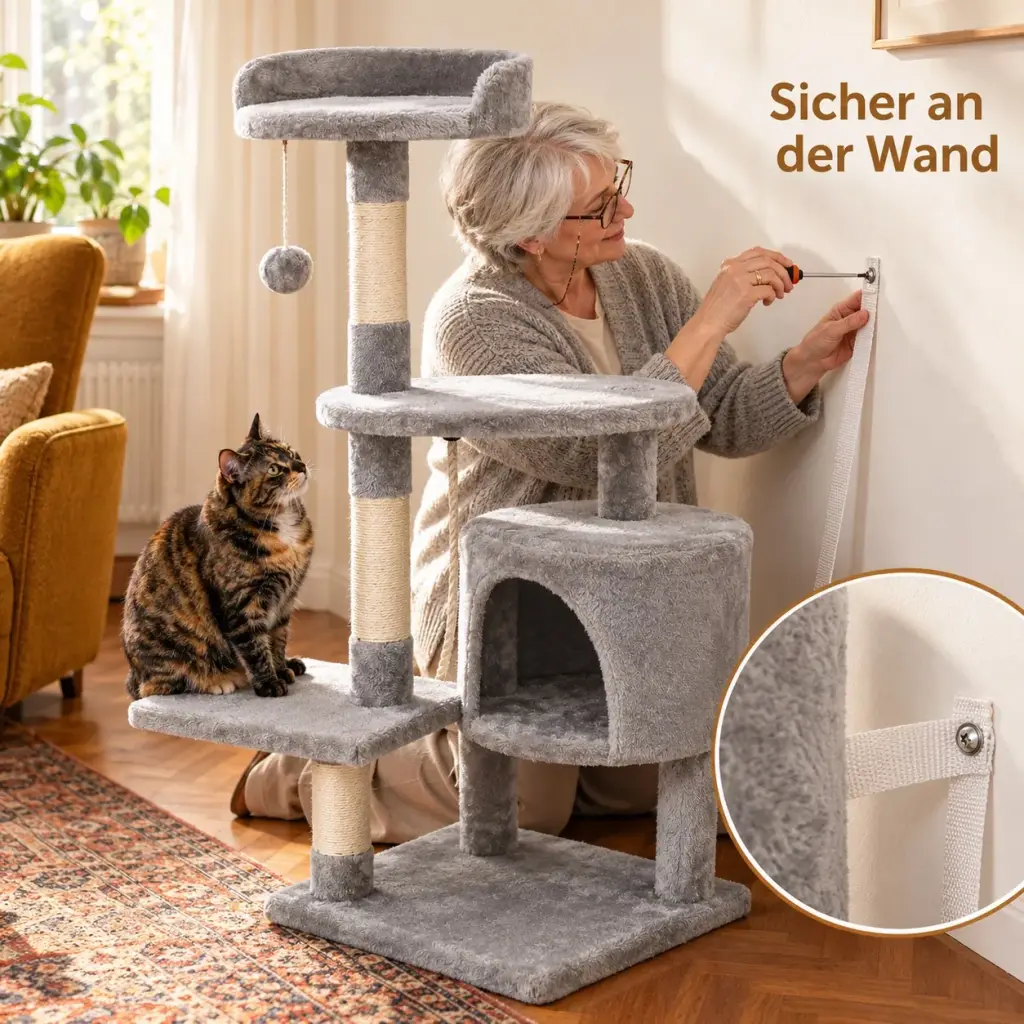 Frau befestigt den Kippschutz-Gurt des Kratzbaums an der Wand