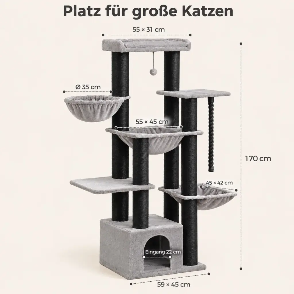 Maße des Kratzbaums für große Katzen: 170 cm Höhe, Sockel 59 × 45 cm, Plattformen und Hängematten