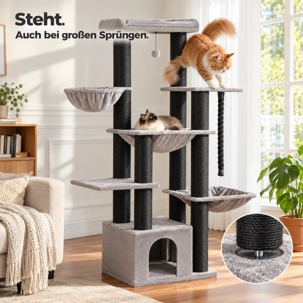 Großer Kater springt auf die Plattform des stabilen Kratzbaums mit dicken Sisalstämmen