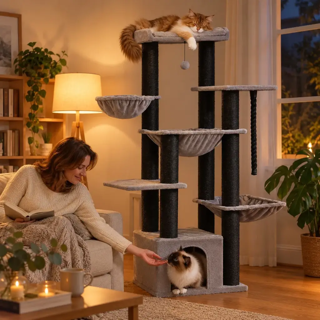 Katze schläft abends in der Höhle des Kratzbaums, Besitzer liest daneben auf dem Sofa