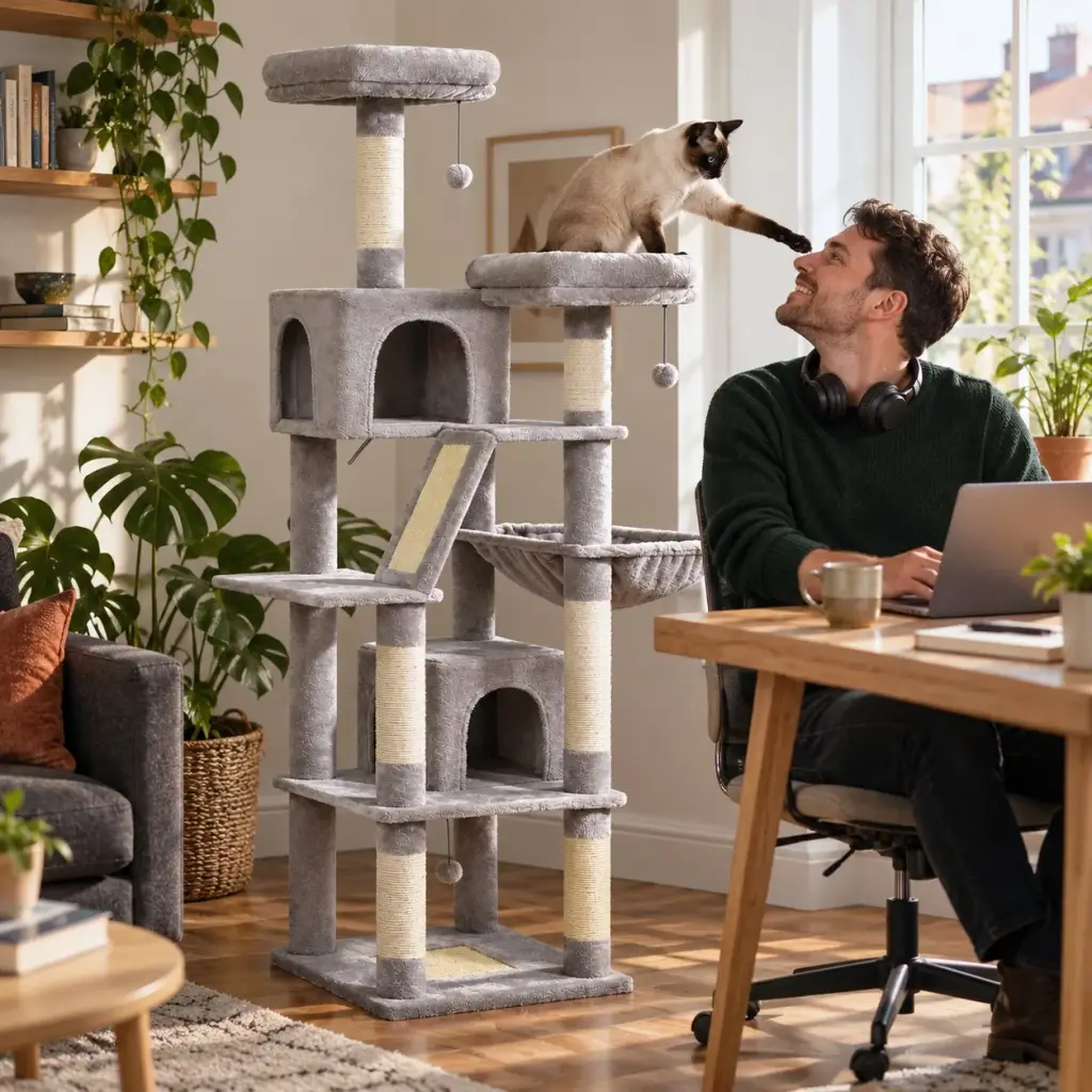 Siamkatze auf dem Aussichtsplatz des Kratzbaums neben dem Schreibtisch, ihr Besitzer arbeitet im Homeoffice
