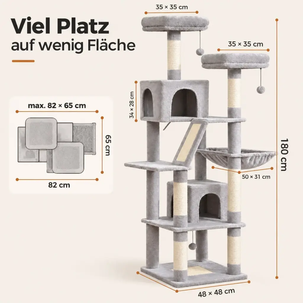 Maße des Kratzbaums: 180 cm Höhe, Sockel 48 × 48 cm, Stellfläche 82 × 65 cm