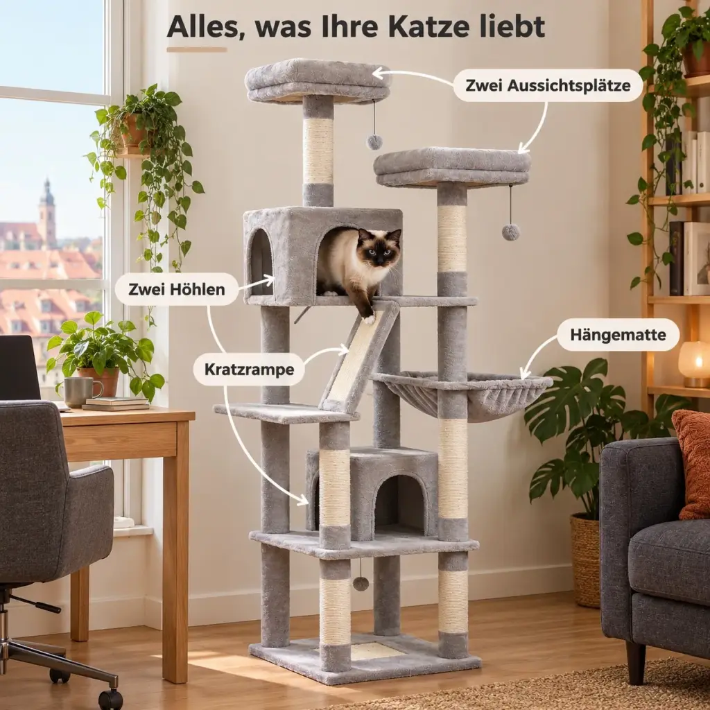 Details des Kratzbaums: Aussichtsplätze, Höhlen, Hängematte, Kratzrampe und Kratzmatte
